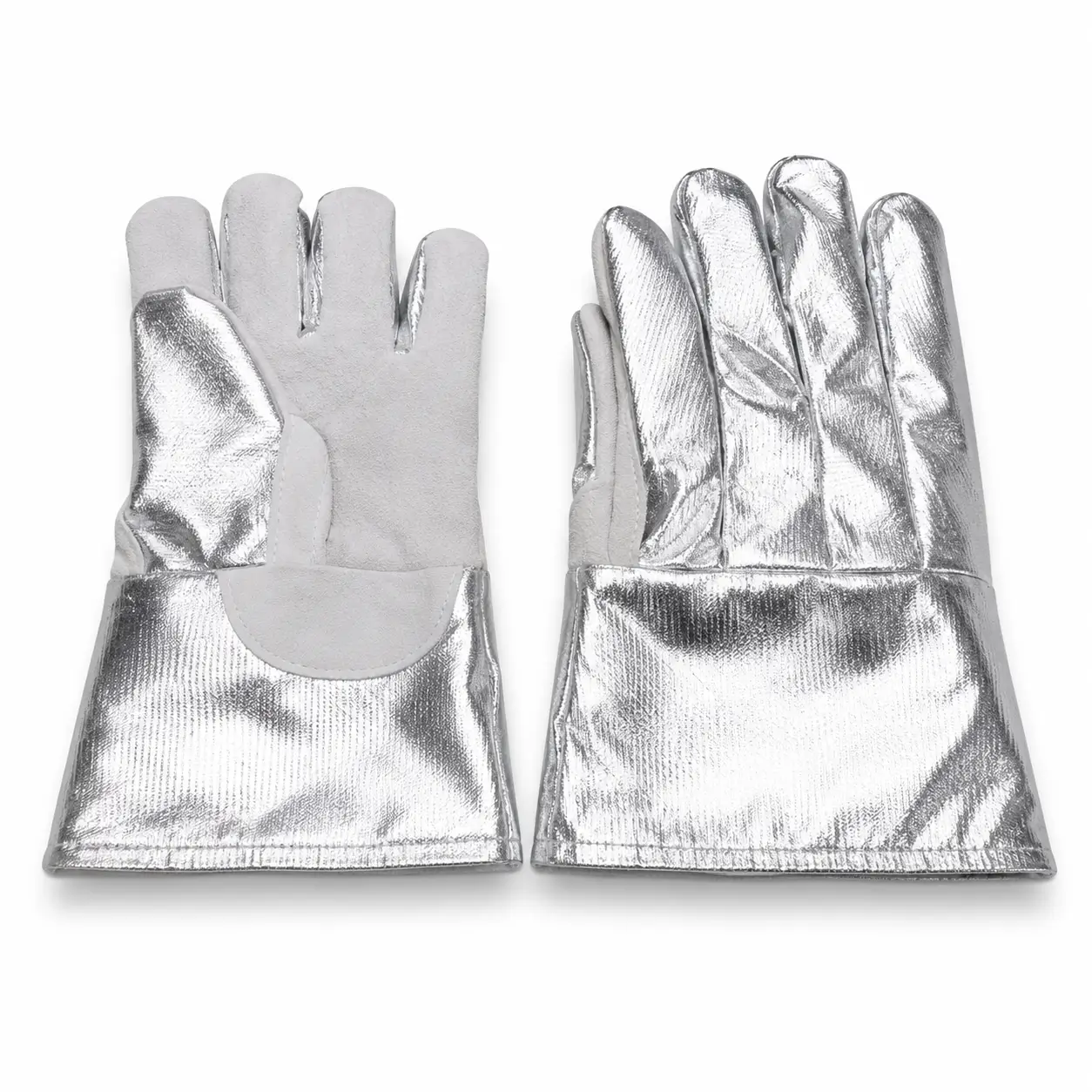 Guante aluminizado protección térmica Fyrepel en fondo blanco, vista frontal y posterior