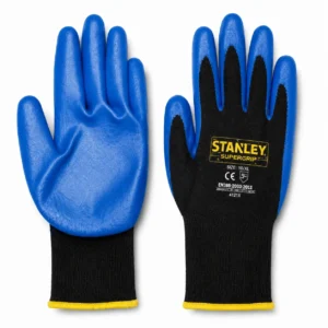 Guante Steelpro multipropósito industrial con recubrimiento azul, tejido negro y puño amarillo