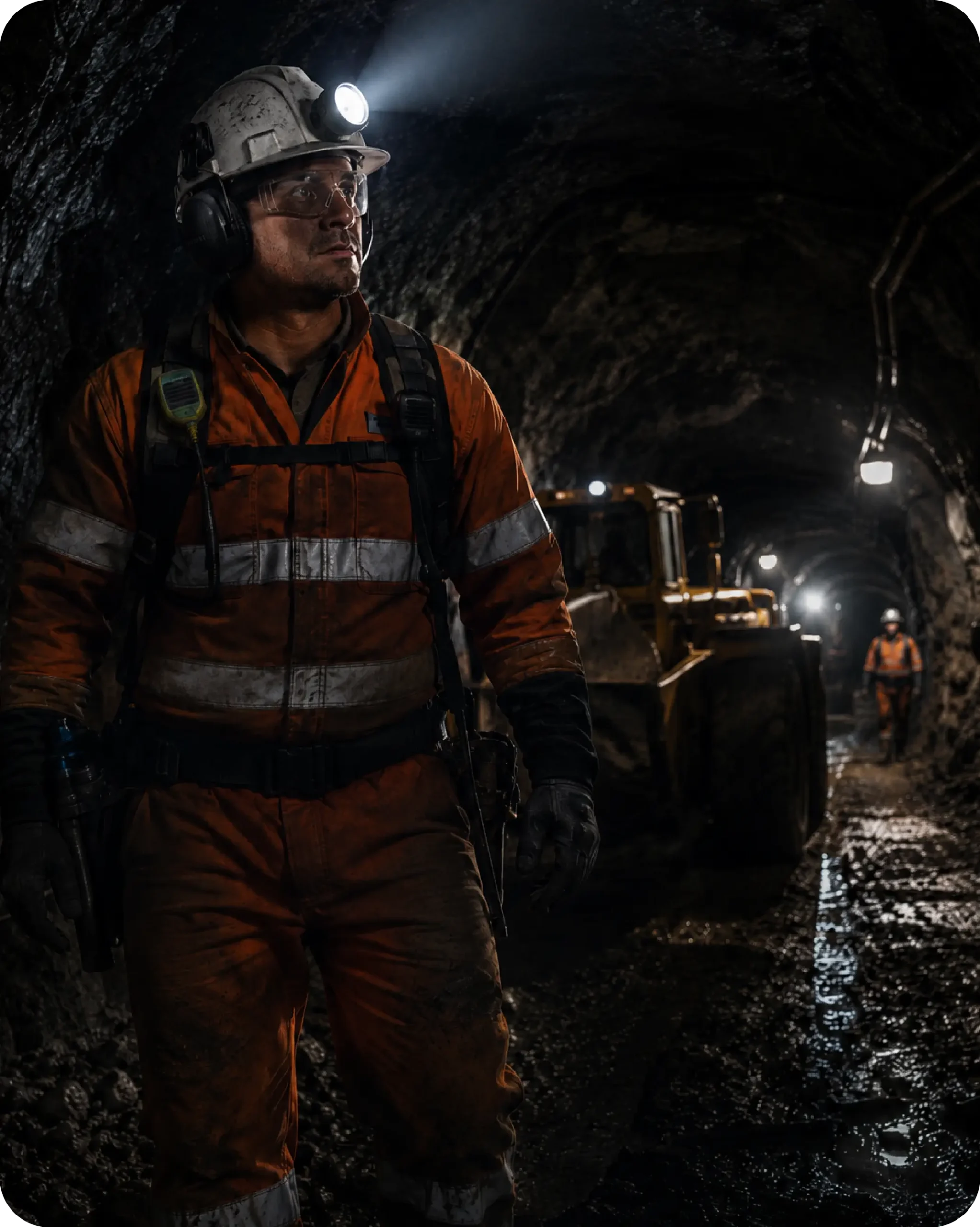 Minero en túnel subterráneo usando lámpara minera de casco