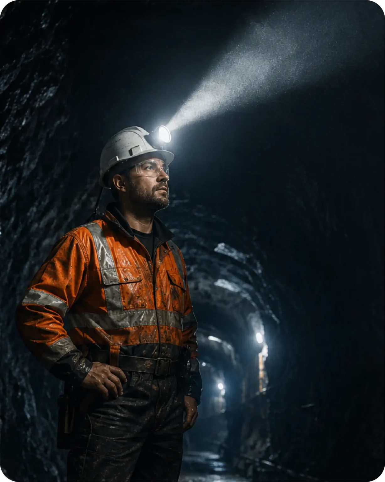Minero en túnel subterráneo usando lámpara minera de casco para mejorar la visibilidad