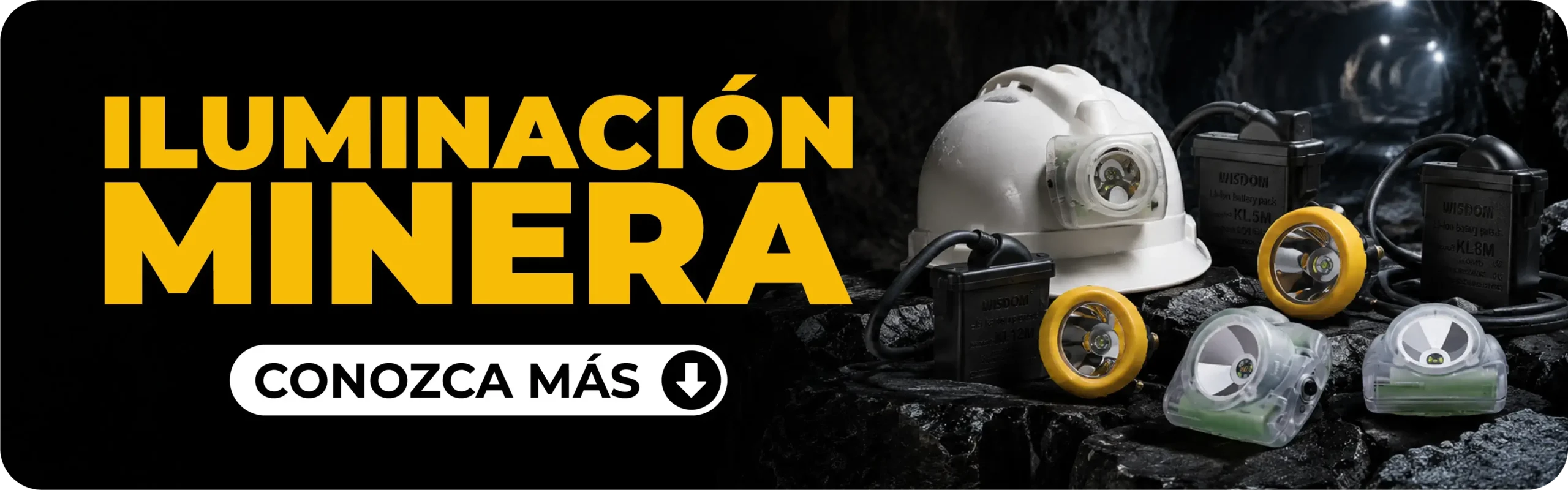 Lámparas mineras WISDOM para minería subterránea sobre roca en túnel oscuro