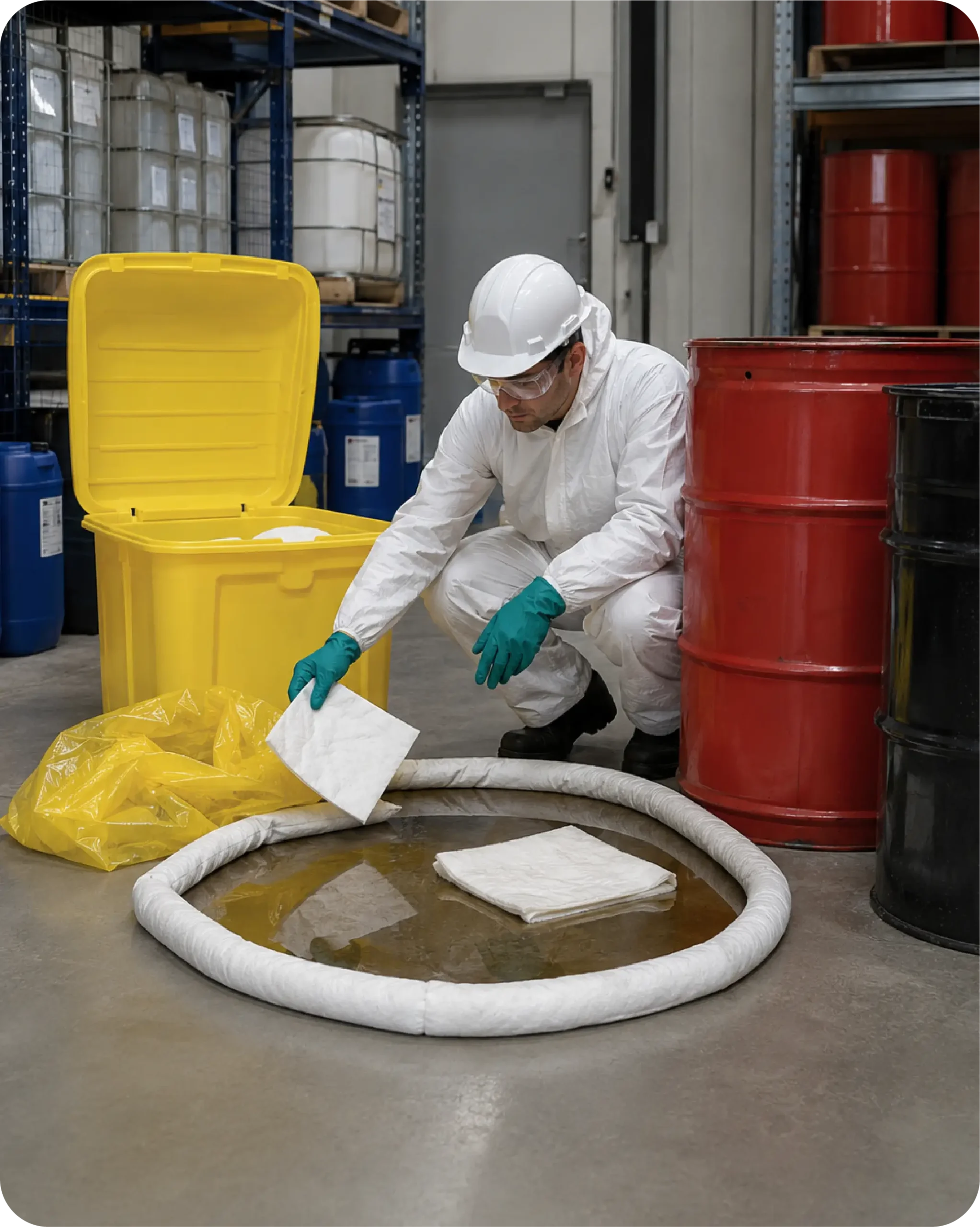 Manejo de sustancias peligrosas con control de derrames en almacén industrial