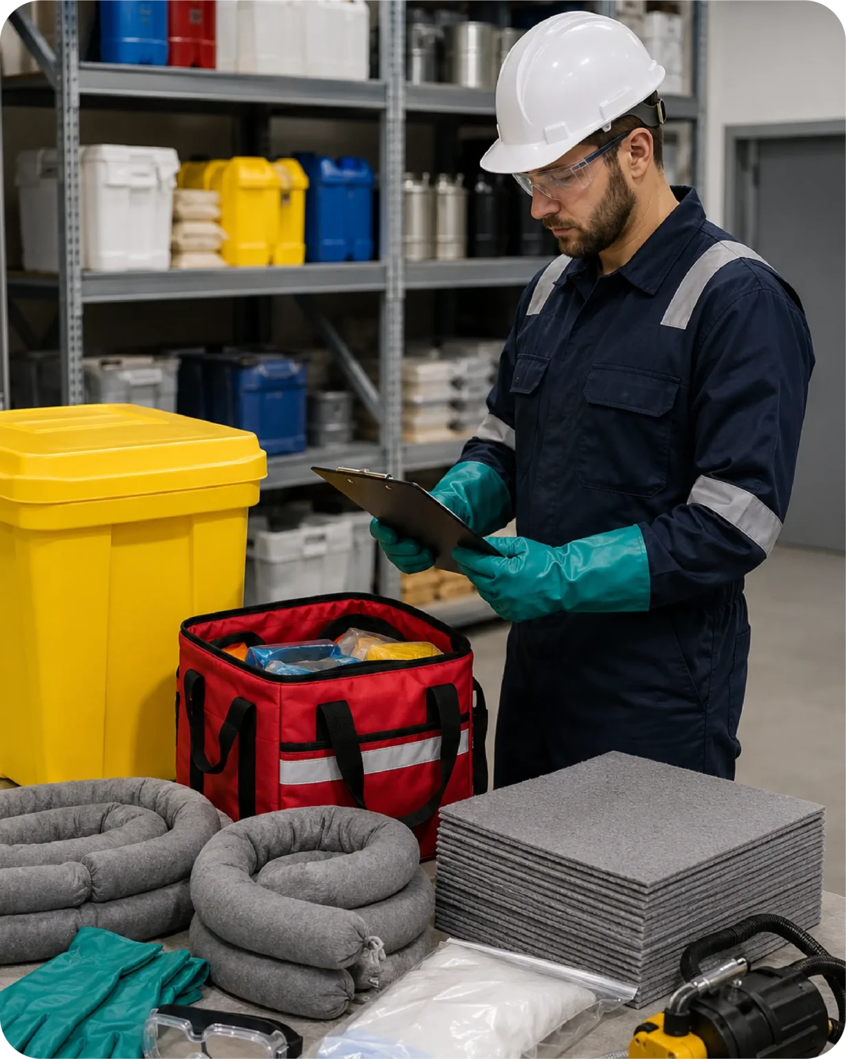 Manejo de sustancias peligrosas con kit HazMat y absorbentes en almacén industrial