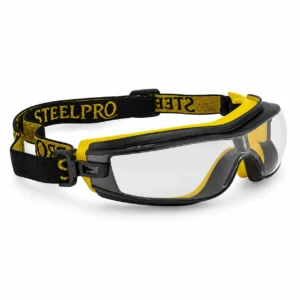 Monogafa Steelpro ZEX claro con lente transparente y banda ajustable sobre fondo blanco