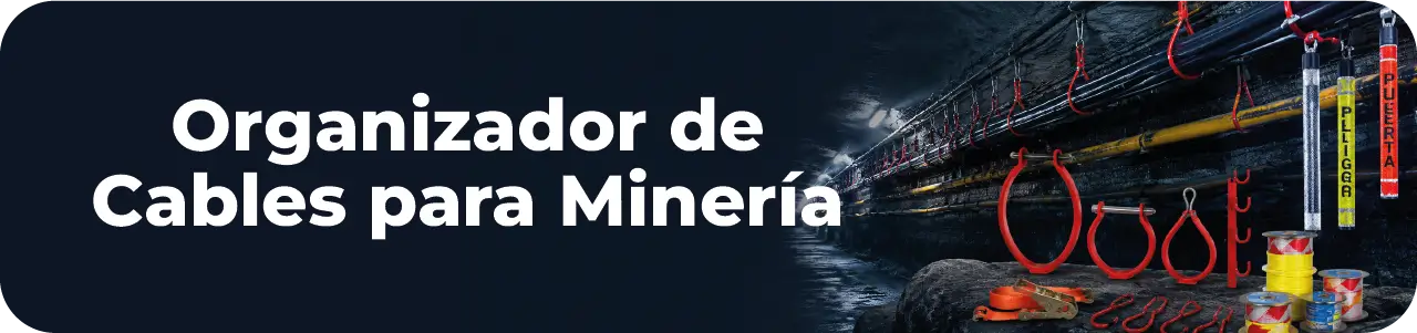 Organizador de cables para minería subterránea con soportes, colgadores y señalización de alta visibilidad.