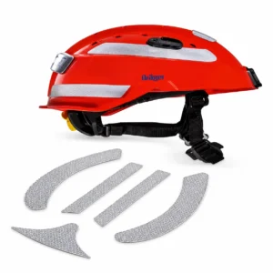 Reflectores para casco Dräger en casco rojo HPS 7000 con piezas reflectivas sobre fondo blanco