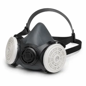 Respirador media cara LIBUS Serie 9000 con filtros blancos sobre fondo profesional