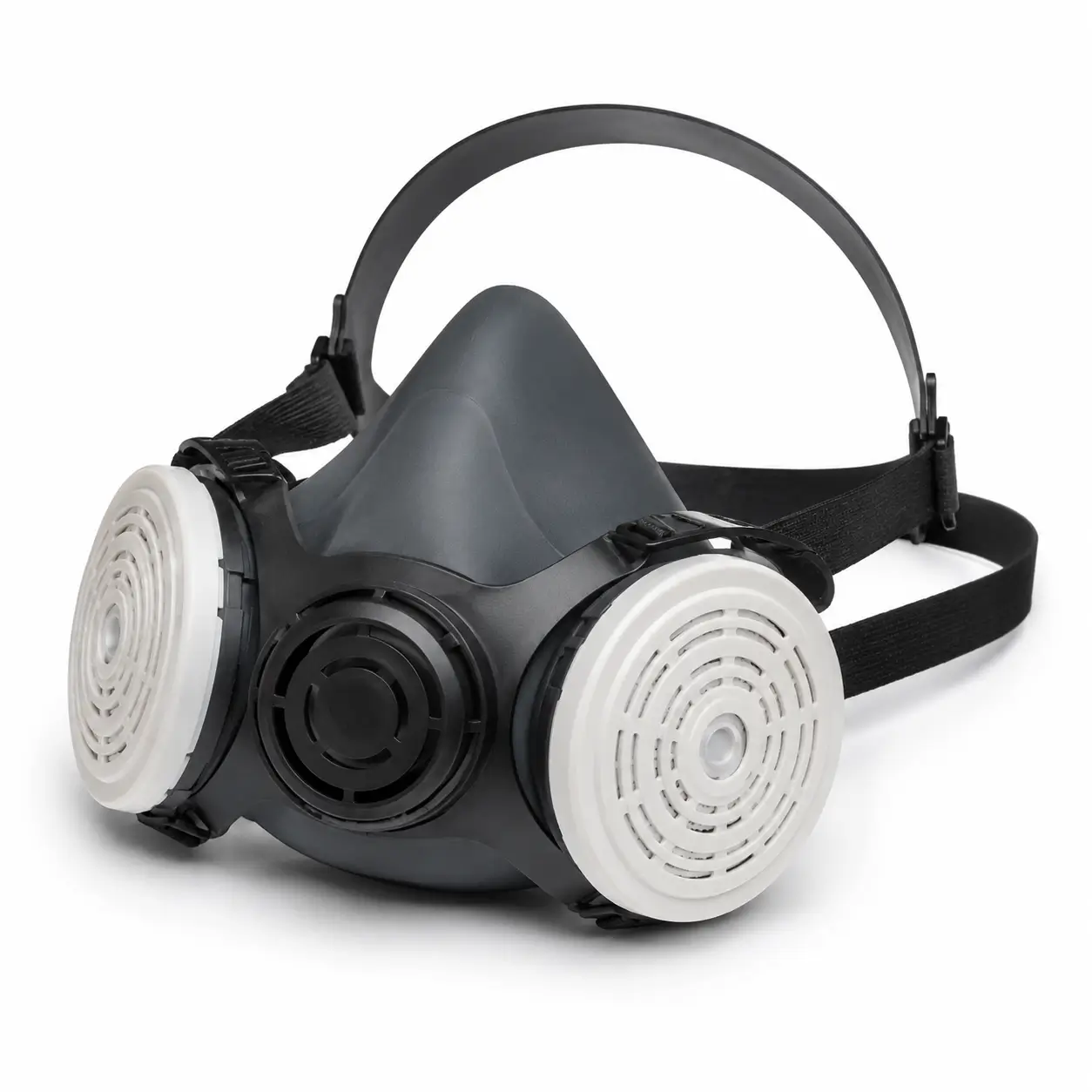 Respirador media cara LIBUS Serie 9000 con filtros blancos sobre fondo profesional