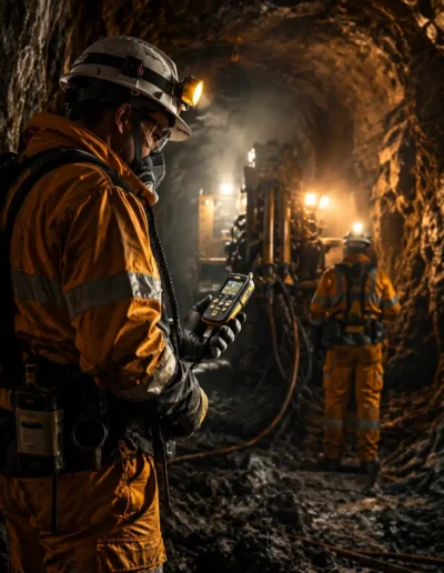 Seguridad industrial para minería con trabajador usando detector de gases en mina subterránea