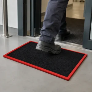Tapete desinfección calzado industrial con marco rojo y superficie absorbente negra