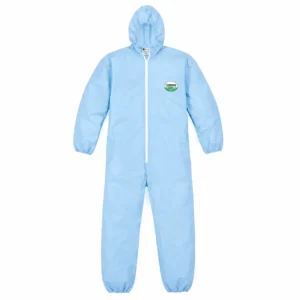 Traje Lakeland protección industrial azul celeste con capucha, cierre frontal y puños elásticos