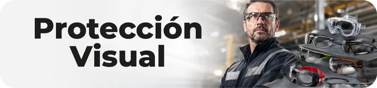 Banner de gafas de seguridad industrial con modelos transparentes, oscuros y sellados en un entorno industrial.