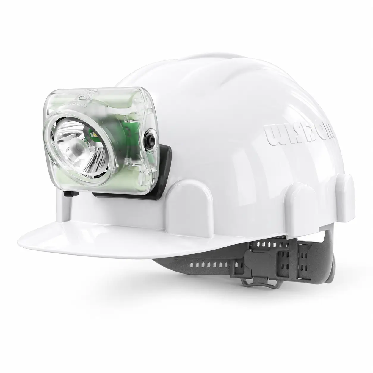 Casco de seguridad minera WISDOM blanco con lámpara LED frontal para trabajo subterráneo