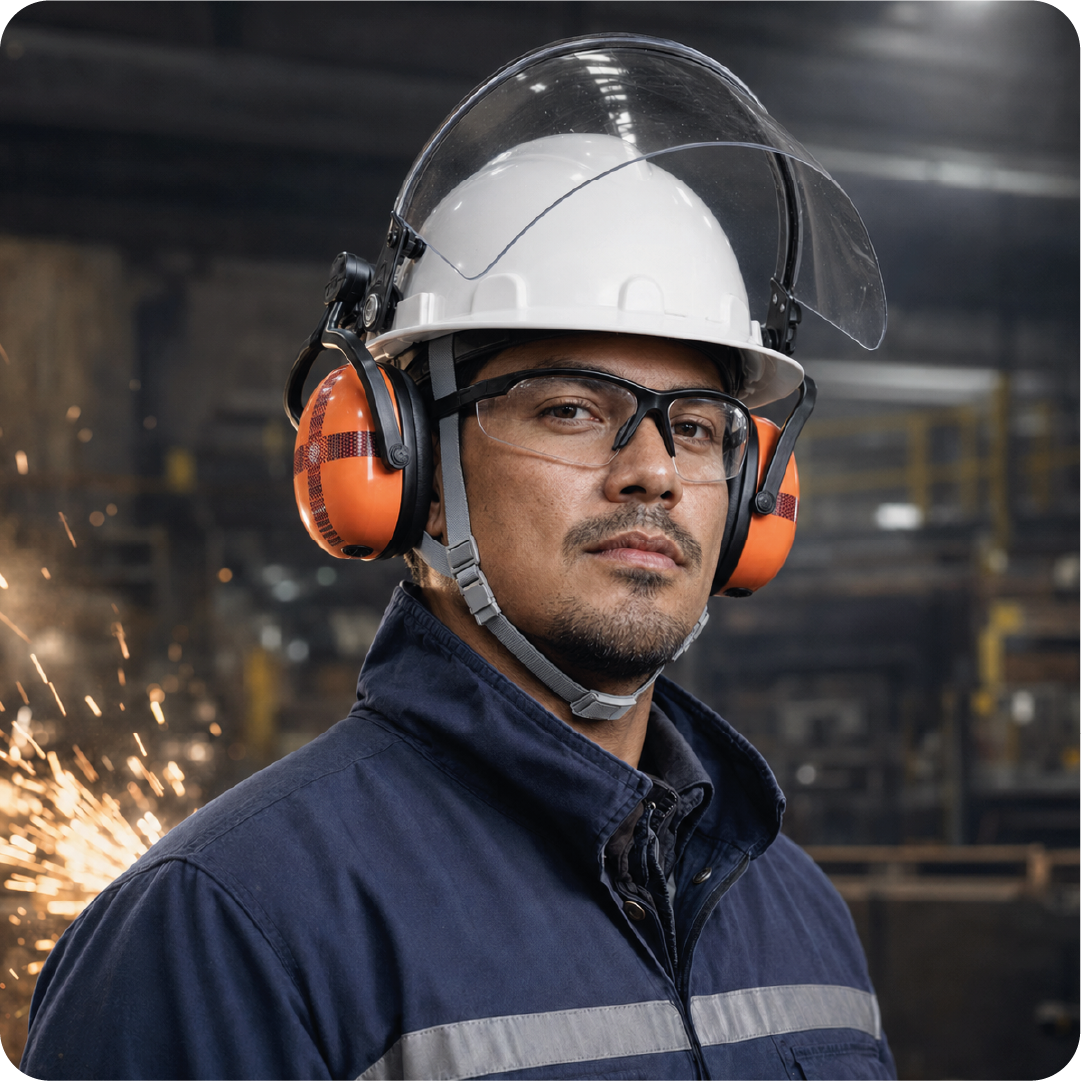 Trabajador industrial usando elementos de protección personal superior