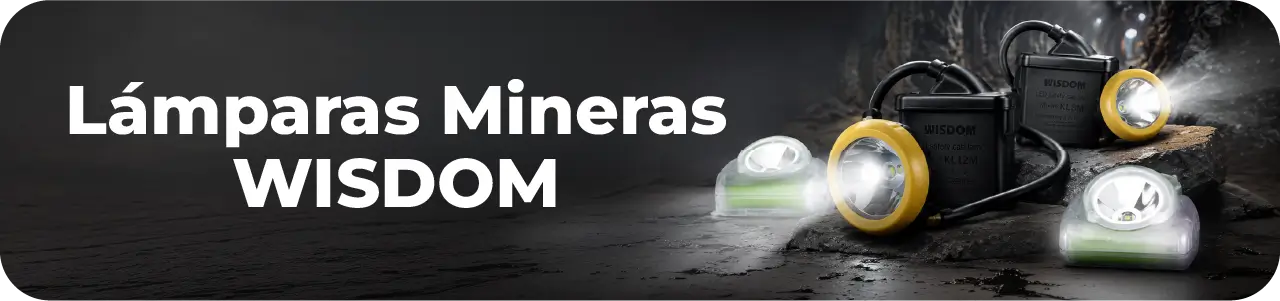 Banner de lámparas mineras WISDOM Colombia con equipos LED en túnel minero y espacio para texto