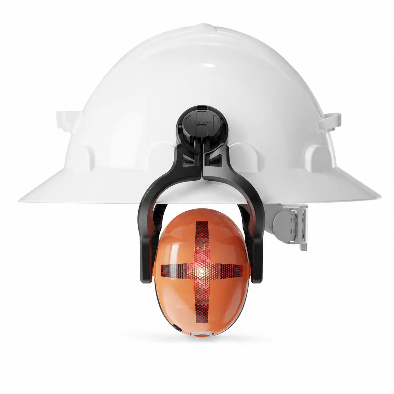 protector auditivo casco minero WISDOM con orejeras industriales naranjas para protección auditiva en minería