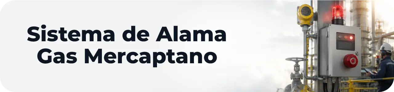 Sistema alarma gas natural en planta industrial con panel de control, sensor y baliza de emergencia