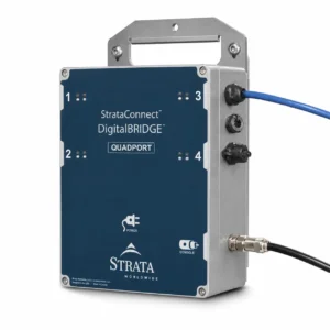 Sistema comunicación minera subterránea StrataConnect con vista lateral y puertos de conexión industriales