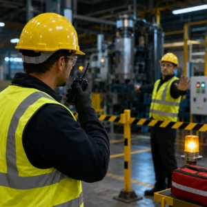 Trabajador usa un radio durante una capacitación de prevención de accidentes laborales