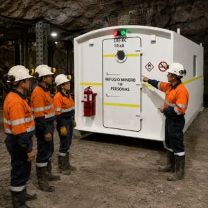 Capacitación sobre refugio minero para empresas en galería subterránea con instructor y trabajadores