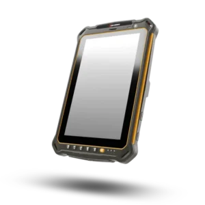 Tablet para uso industrial IS930.RG en vista frontal con pantalla y carcasa robusta gris y naranja
