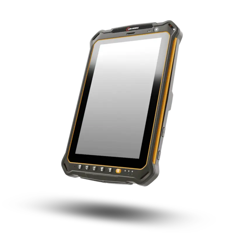 Tablet para uso industrial IS930.RG en vista frontal con pantalla y carcasa robusta gris y naranja
