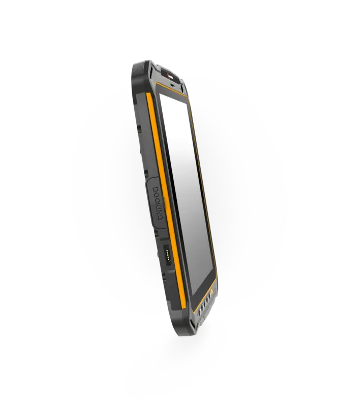 Tablet para uso industrial IS930.RG en perfil lateral con diseño robusto y conexión de acoplamiento