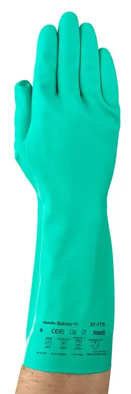 Guantes químicos en nitrilo AlphaTec Solvex 37-175 con marcación técnica visible