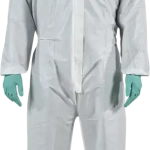 Vista frontal del traje protección química industrial AlphaTec 1800 Modelo 111 con capucha