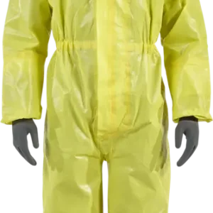 Vista frontal del traje químico desechable industrial AlphaTec 3000 Modelo 111 de color amarillo