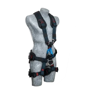Arnés de aluminio EPI Safety GAR-APLF-P4 para trabajo en altura, vista frontal con cinturón y perneras ajustables.