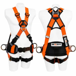 Arnés anticaídas cuatro argollas INSAFE IN 8004-1SE, vista frontal con soporte lumbar y herrajes en acero inoxidable.