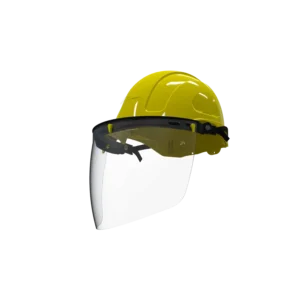Basculante de resorte EPI 20-04 instalado en casco de seguridad amarillo con visor facial transparente.