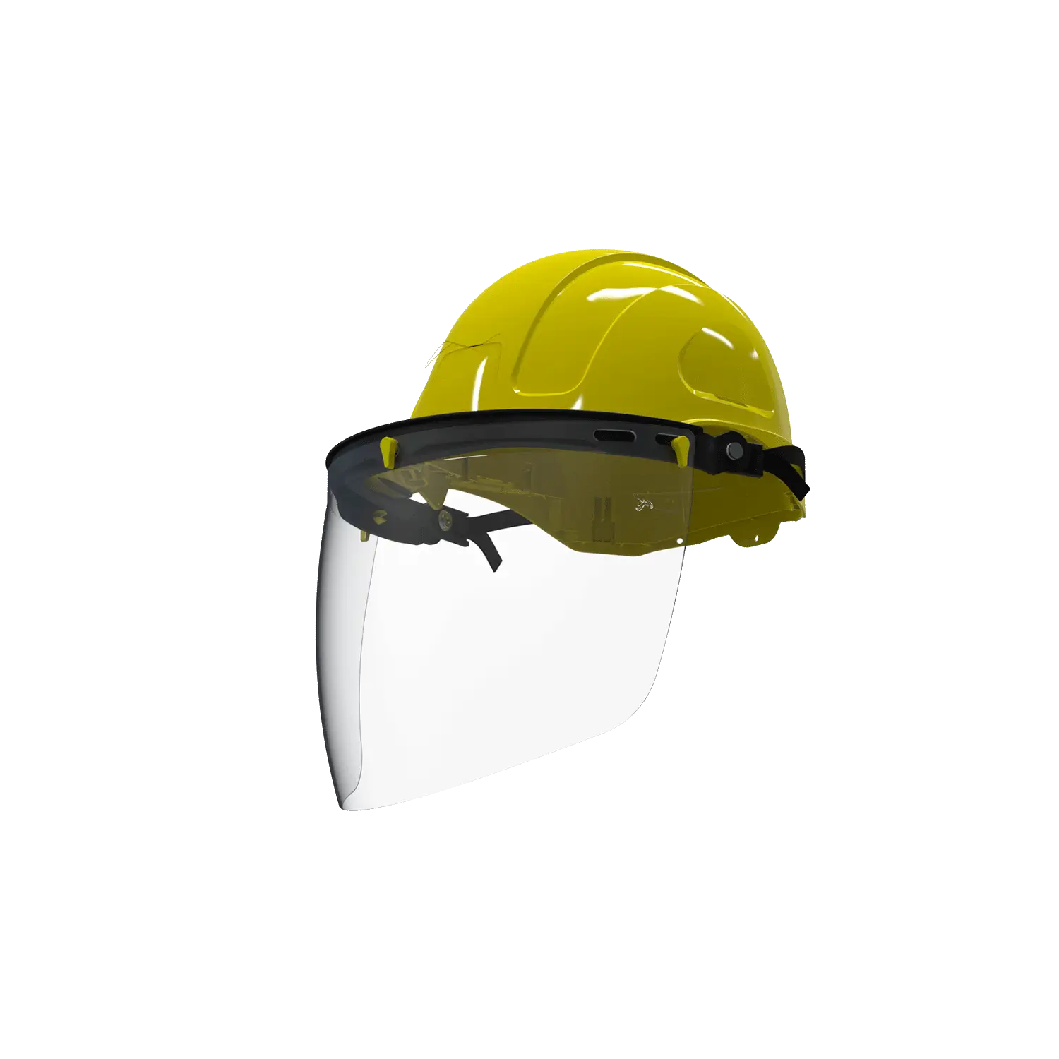 Basculante de resorte EPI 20-04 instalado en casco de seguridad amarillo con visor facial transparente.