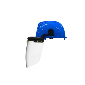 Basculante universal para casco EPI Safety 20-03 instalado en casco azul con visor facial transparente.