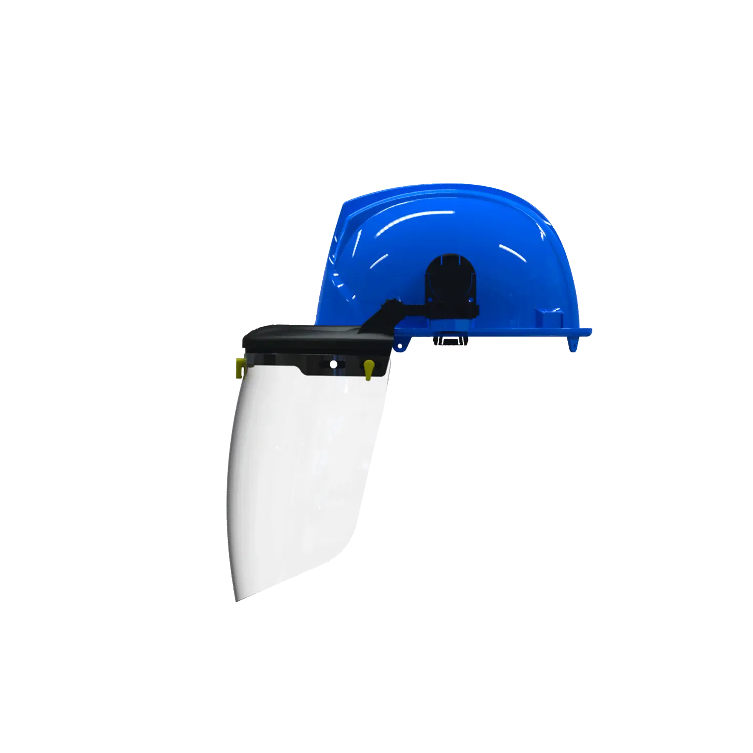 Basculante universal para casco EPI Safety 20-03 instalado en casco azul con visor facial transparente.