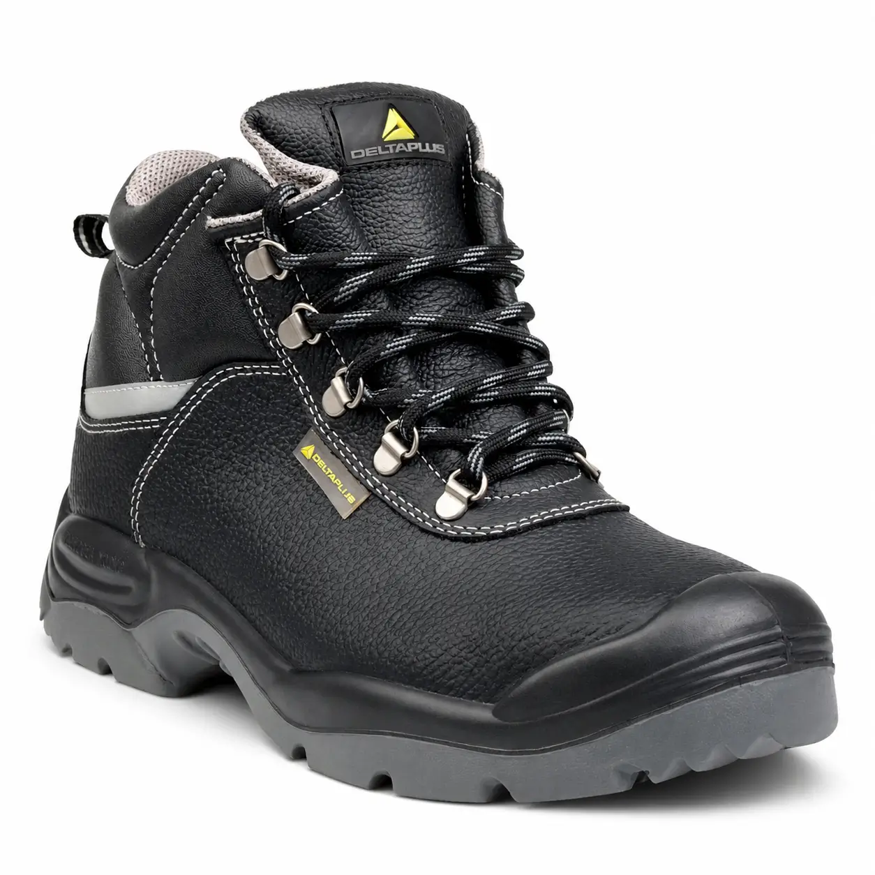 Vista frontal de botas seguridad industrial S3 Delta Plus SAULT2 negras con puntera reforzada y cordones