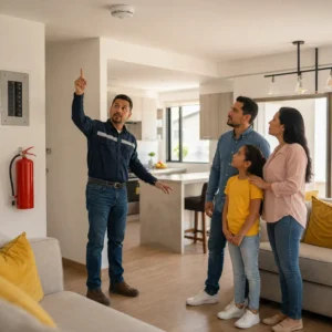 Capacitación familiar sobre prevención de accidentes en el hogar con detector de humo y extintor.