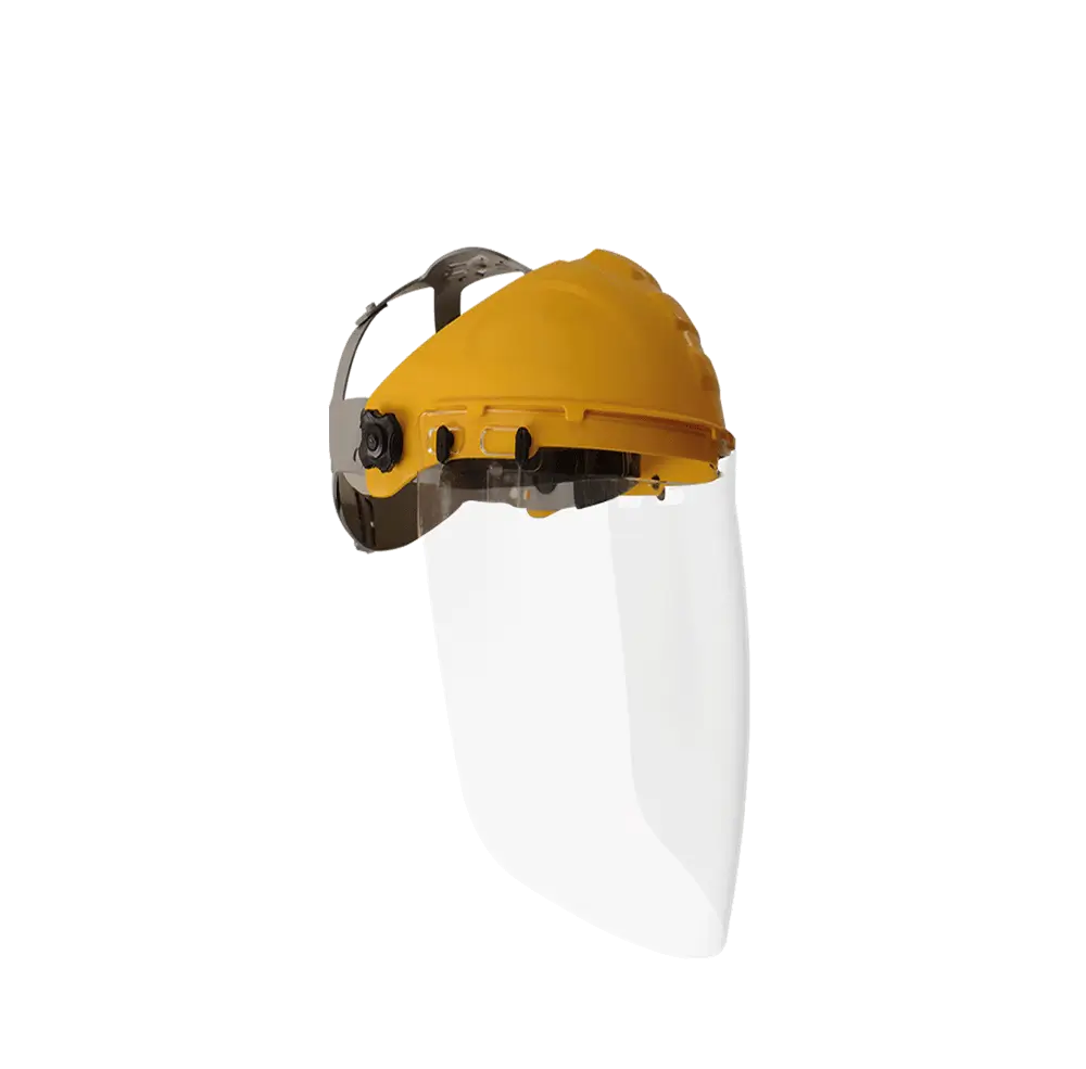 Careta de esmerilar industrial EPI Safety 20-01 amarilla con visor PET transparente y arnés ajustable.
