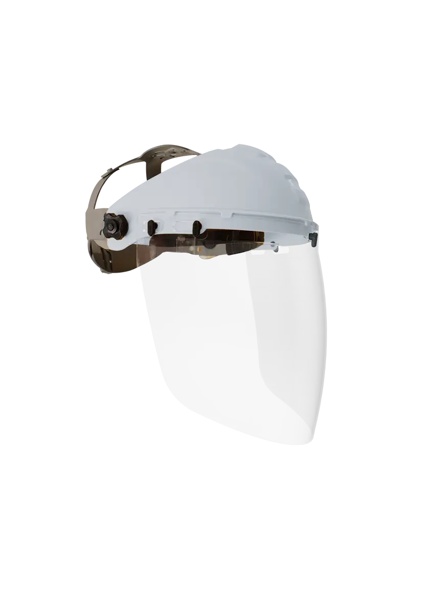 Careta de esmerilar industrial EPI Safety 20-01 blanca con visor PET transparente y arnés ajustable.