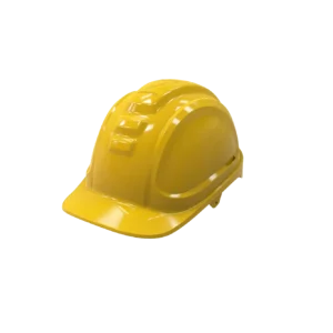 Casco dieléctrico Warrior CA-P-D20 amarillo con visera frontal y suspensión ratchet.