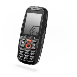 Celular ATEX zona 1 i.safe MOBILE IS120.1 en vista frontal, con pantalla y teclado físico industrial.