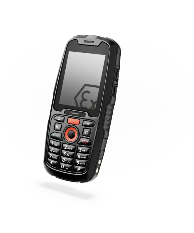 Celular ATEX zona 1 i.safe MOBILE IS120.1 en vista frontal, con pantalla y teclado físico industrial.