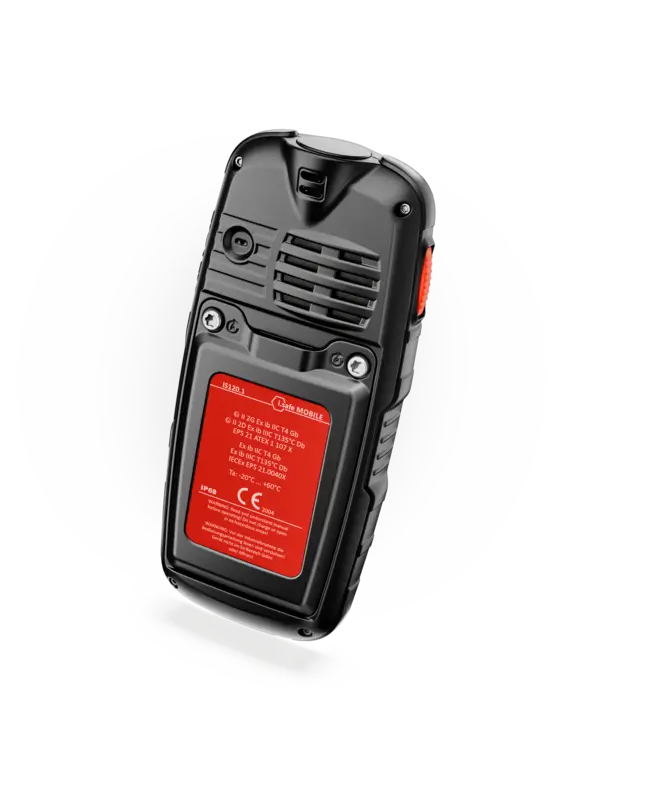 Celular ATEX zona 1 i.safe MOBILE IS120.1 en vista posterior, con tapa trasera y etiqueta de certificación.