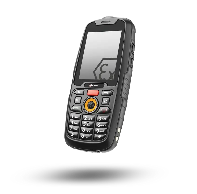 Celular ATEX zona 2 i.safe MOBILE IS120.2, vista frontal con teclado físico y diseño robusto para industria.