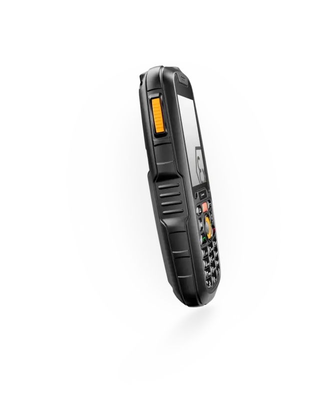 Celular ATEX zona 2 i.safe MOBILE IS120.2 en vista lateral, con botón naranja y carcasa reforzada industrial.