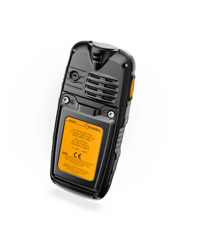 Celular ATEX zona 2 i.safe MOBILE IS120.2, vista posterior con carcasa robusta, etiqueta Ex y protección IP68.