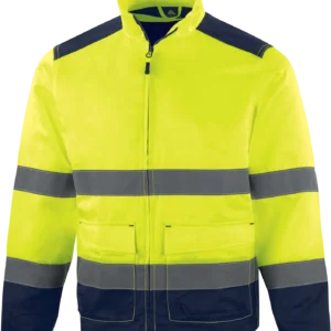 Chaqueta alta visibilidad industrial Delta Plus M1VE2HV, vista frontal con cierre y bolsillos.