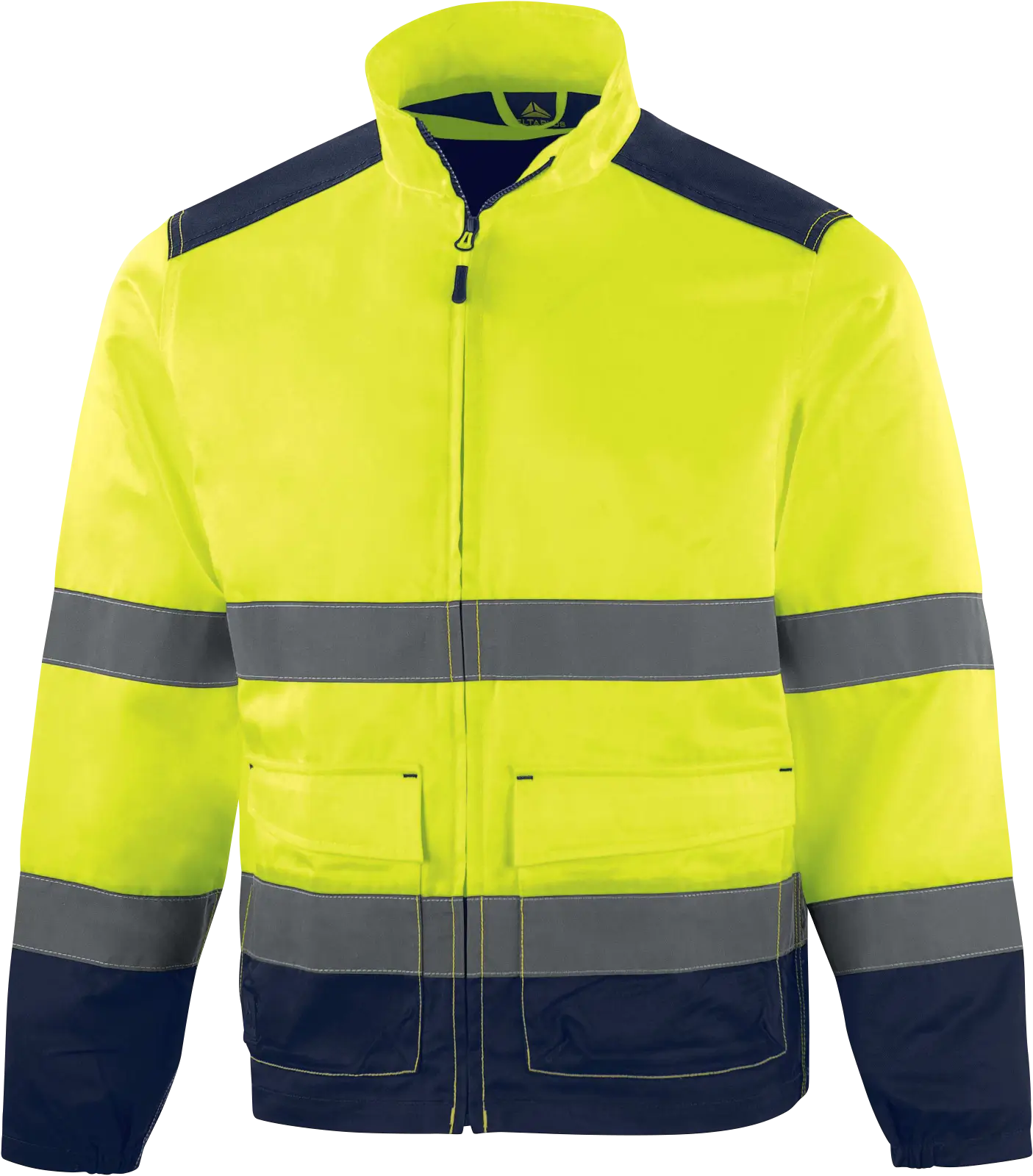 Chaqueta alta visibilidad industrial Delta Plus M1VE2HV, vista frontal con cierre y bolsillos.