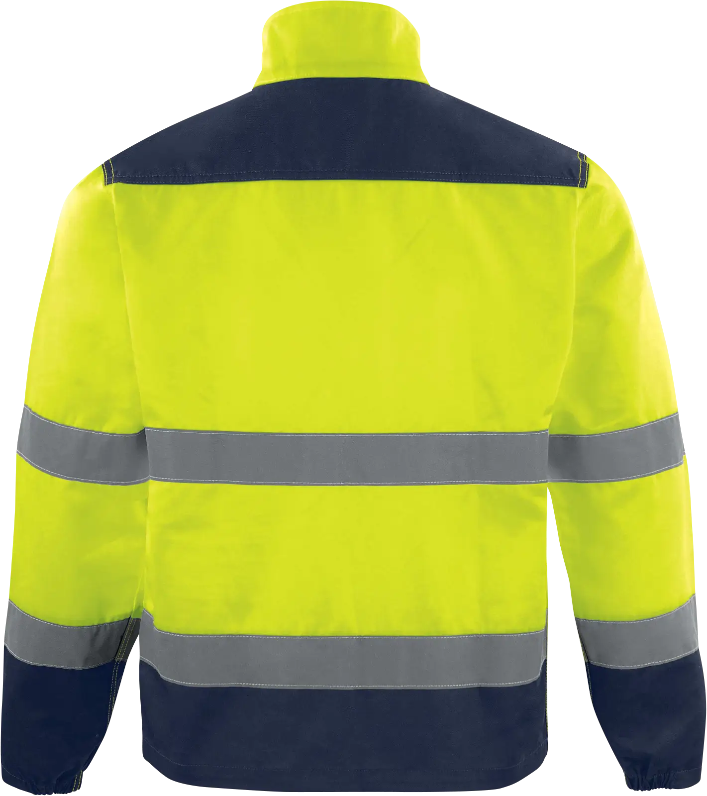 Chaqueta alta visibilidad industrial Delta Plus M1VE2HV, vista posterior con bandas reflectivas.